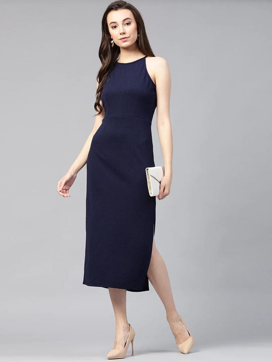 Solid Navy Blue Incut Fitted Midi Dress