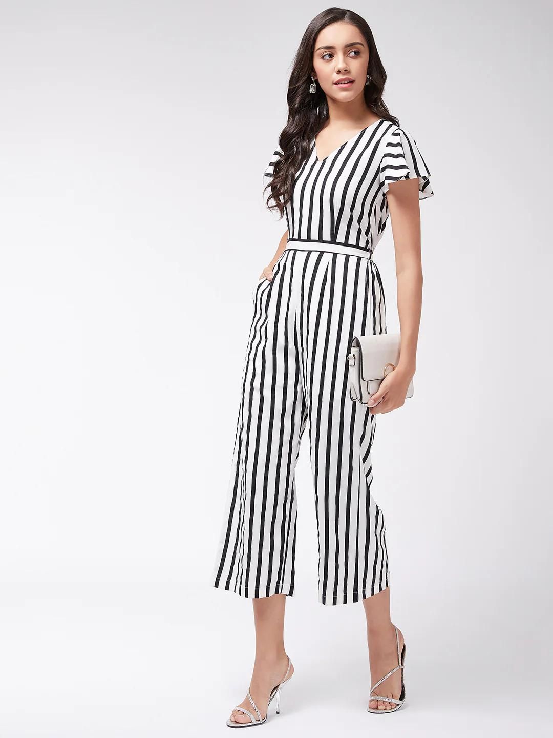 Women's Black & White Monocromatic Stripes Jumpsuit