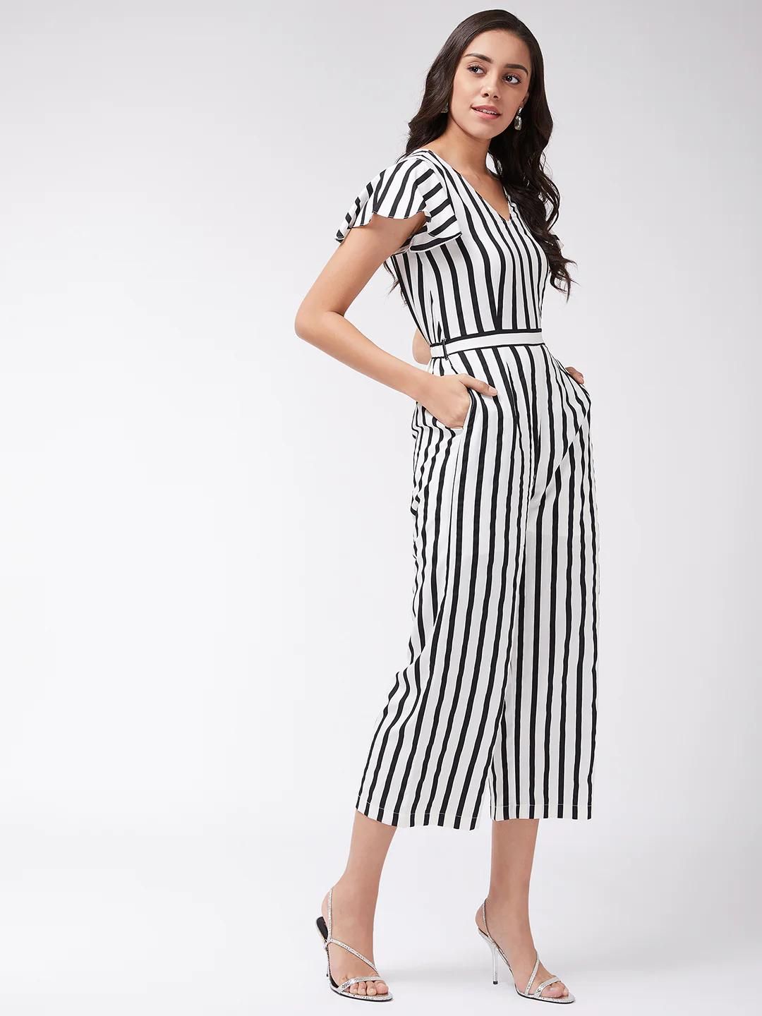 Women's Black & White Monocromatic Stripes Jumpsuit