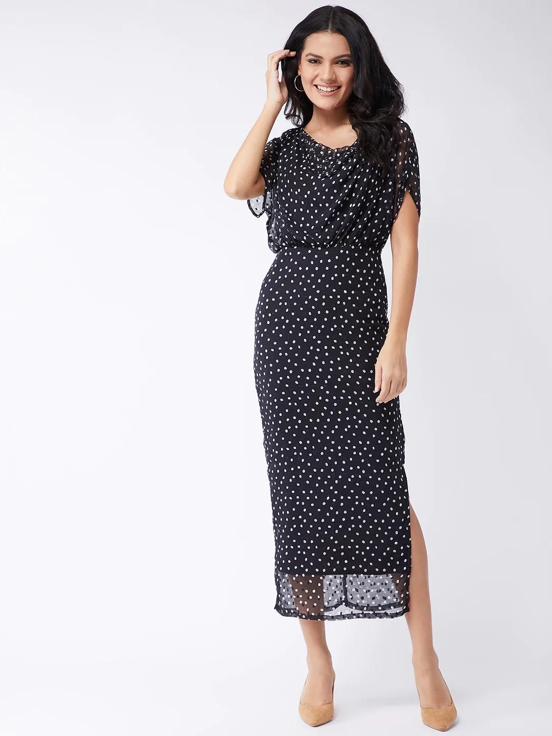 PANNKH Polka Inspired Black Cowl Neck Dress