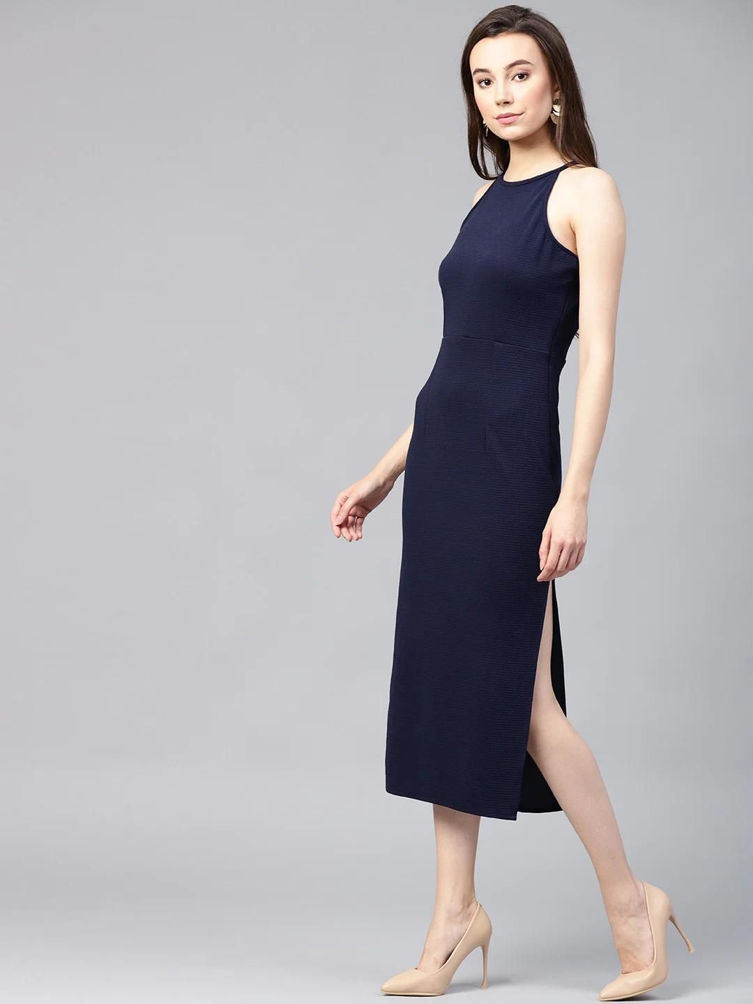 Solid Navy Blue Incut Fitted Midi Dress