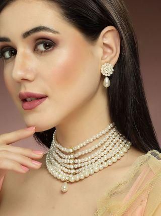 Pearl Beaded Kundan Choker Necklace Set for Women