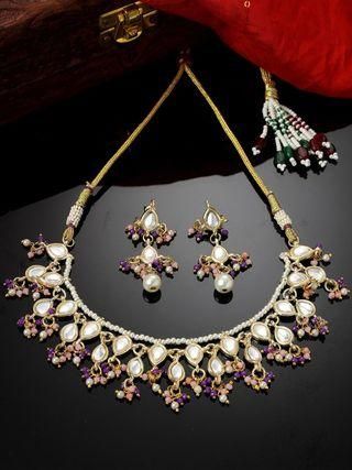 Gold Plated Pink and Purple Crystal Kundan Necklace Set for Women