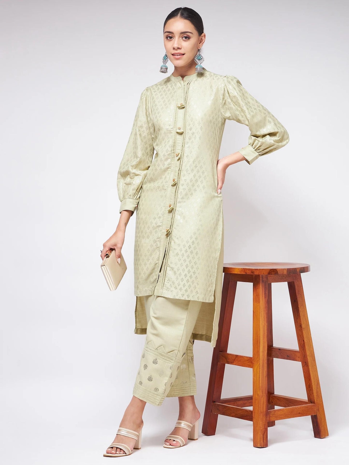 Pista Festive Foil Printed Shirt Style Kurta With High-Low Hemline