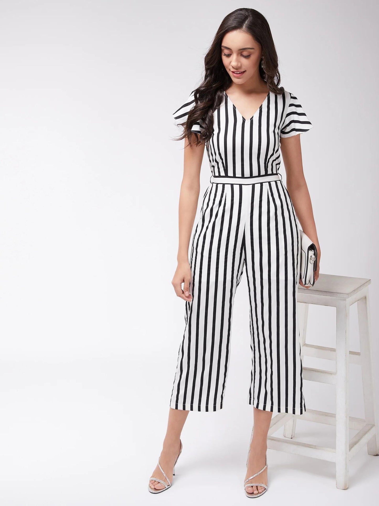 Women's Black & White Monocromatic Stripes Jumpsuit