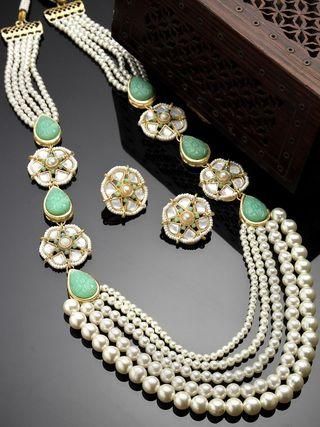 Pearl Beaded Carved Stone Rani Haar Necklace Set for Women