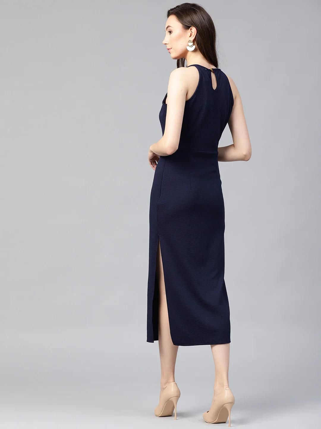 Solid Navy Blue Incut Fitted Midi Dress