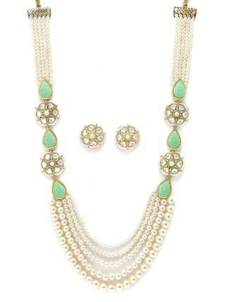 Pearl Beaded Carved Stone Rani Haar Necklace Set for Women