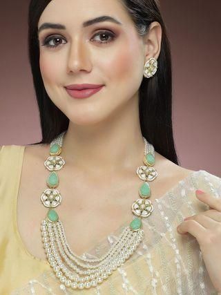 Pearl Beaded Carved Stone Rani Haar Necklace Set for Women